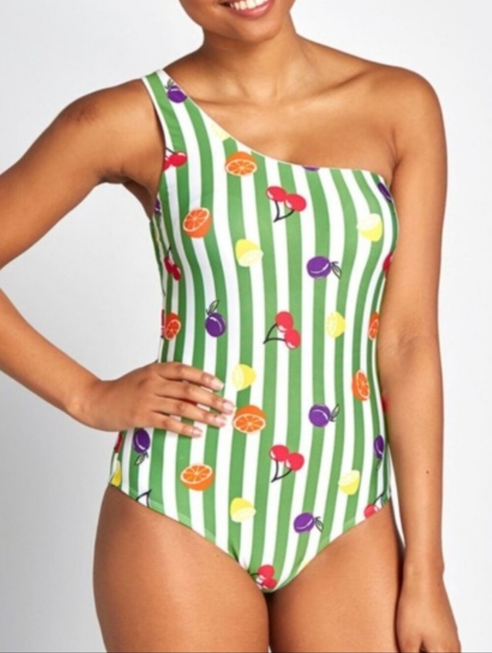 Modcloth The Lola Retro Striped Fruit Pattern Swimsuit